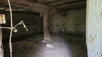 Interior of a stone cellar showing wooden support beams and a dirt floor.