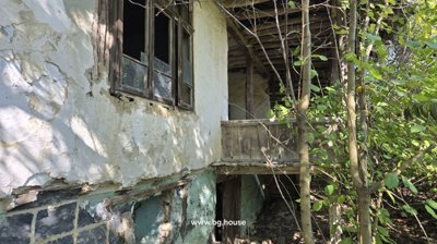 Side perspective of the house showing white plaster walls, a wooden balcony, and dense garden vegetation.