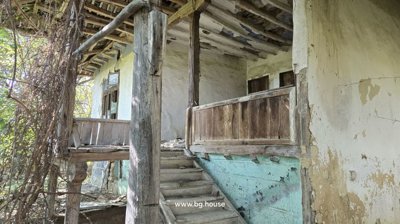 Wooden stairs ascending to the upper floor of the house, showing white and blue painted walls and wooden balcony railings.
