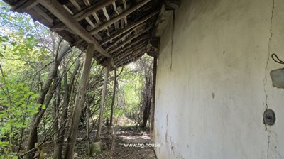 View of a covered outdoor corridor showing wooden support posts, white plaster wall, and surrounding trees and bushes.