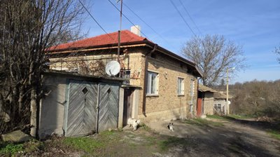 Side view of a brick house with a red roof and wooden garage doors, with dogs near the entrance.