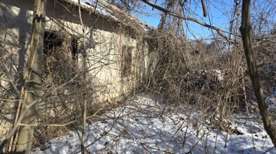 Side view of an old house with bare trees and snow-covered ground in winter.