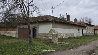 Corner view of a Bulgarian house featuring stone and plaster exterior walls, a metal gate, and a leafless tree in front.