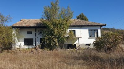 View of the white house with a tiled roof, a tree in front, and dry grass in the yard