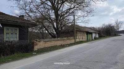 Side perspective of a rustic house with green window frames and an adjacent brick and wood outbuilding beside a paved village road.