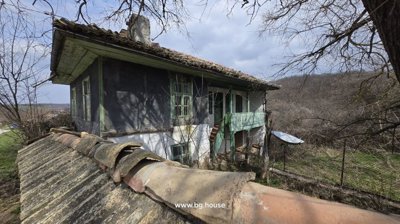 View of an old rural house with a tiled roof and wooden balcony behind a brick wall and leafless trees.