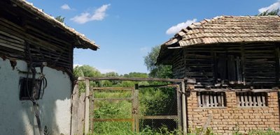 Garden gate opening to a yard with two old wooden outbuildings featuring tiled roofs.