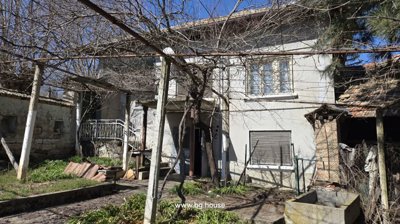 Front facade of the house with garden and vine-covered trellis in early spring