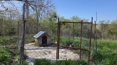 Enclosed dog area with a dog house inside, surrounded by grass and trees.