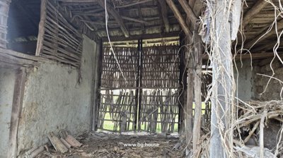 Interior view of a rustic wooden structure showing exposed beams and wooden slats