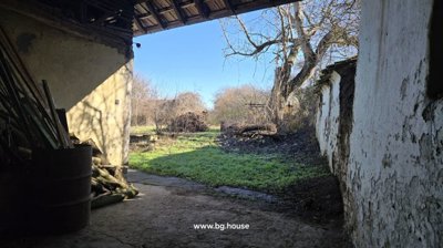 View from inside a covered area showing white walls, stacked wood, and grassy yard beyond.