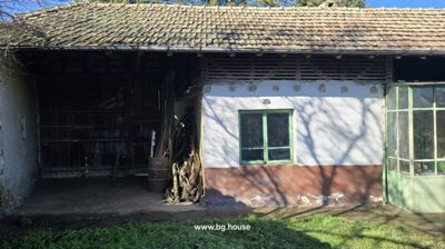Close-up of house section showing green window, white and brown walls, and adjacent wood storage area.