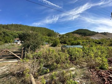 View of green hills and a wooden gate at the entrance to the property in Ostritsa village