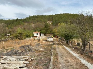 Dirt driveway leading to a small house with trees and hills behind in Ostritsa village