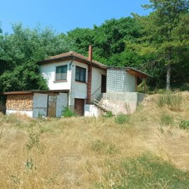 Exterior view of a two-storey house with white walls and a red tiled roof surrounded by dry grass and trees