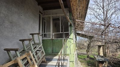 Porch area of a house featuring green painted wooden panels, glass windows, and concrete steps leading to the entrance door.