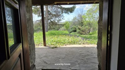 Stone-paved porch area looking out onto a garden with grass, bushes, and trees.