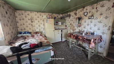 Interior view of a room featuring a single bed, floral wallpaper, a green ceiling, and a vintage cupboard with glassware.