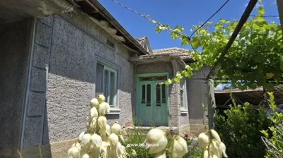 Rustic front entrance of the Bulgarian house featuring green double doors and textured exterior walls under bright sunlight