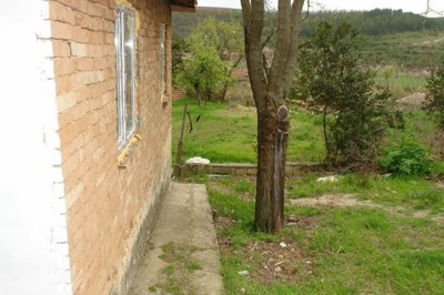 Side perspective of the rural house showing brick walls, two windows, and surrounding green garden space.