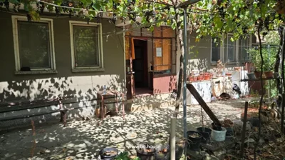 House wall with two windows and an open door, shaded patio with bench, table, and potted plants.