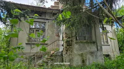 View of an old house showing cracked walls, broken windows, and overgrown vegetation around it