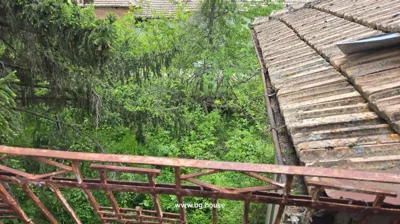 Close-up of rusty metal railing with green trees and tiled roof visible in the background