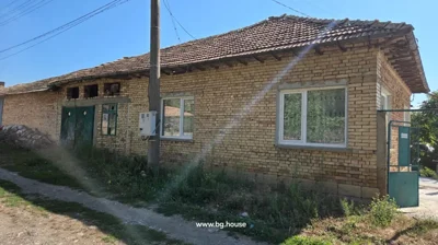 Brick house side view showing green double doors, windows, utility pole, and surrounding vegetation