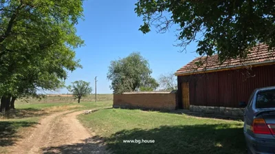 A dirt road curves past trees on the left and a brick wall with a wooden door on the right, under a clear blue sky.
