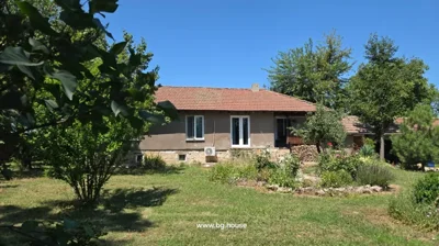 Front view of house partially obscured by tree branches, showing tiled roof, windows, garden, and lawn.