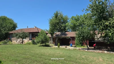 House with a tiled roof surrounded by a garden with grass, trees, and a covered area with wood storage.
