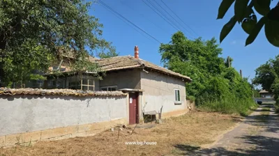 View of the house exterior showing the tiled roof, chimney, and surrounding wall with a wooden door.