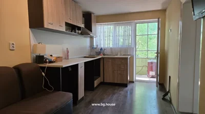Kitchen with wooden cabinets, countertop, sink, brown sofa, and door leading to balcony with green trees visible outside