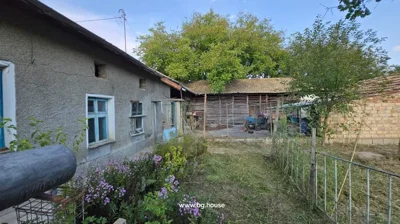 House exterior with blue windows and door, garden flowers, trees, and fenced area with wooden structure.