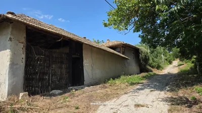 Traditional house with tiled roof and wooden gate along a dirt road under a clear blue sky