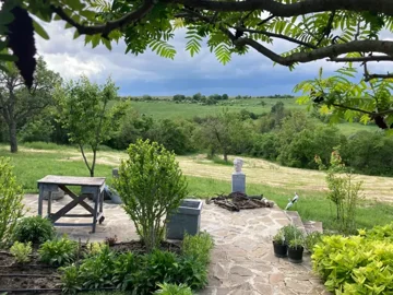 Stone patio with garden plants and a wooden table overlooking green fields and trees.